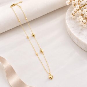 10K Gold Delicate Heart Station Necklace – 17